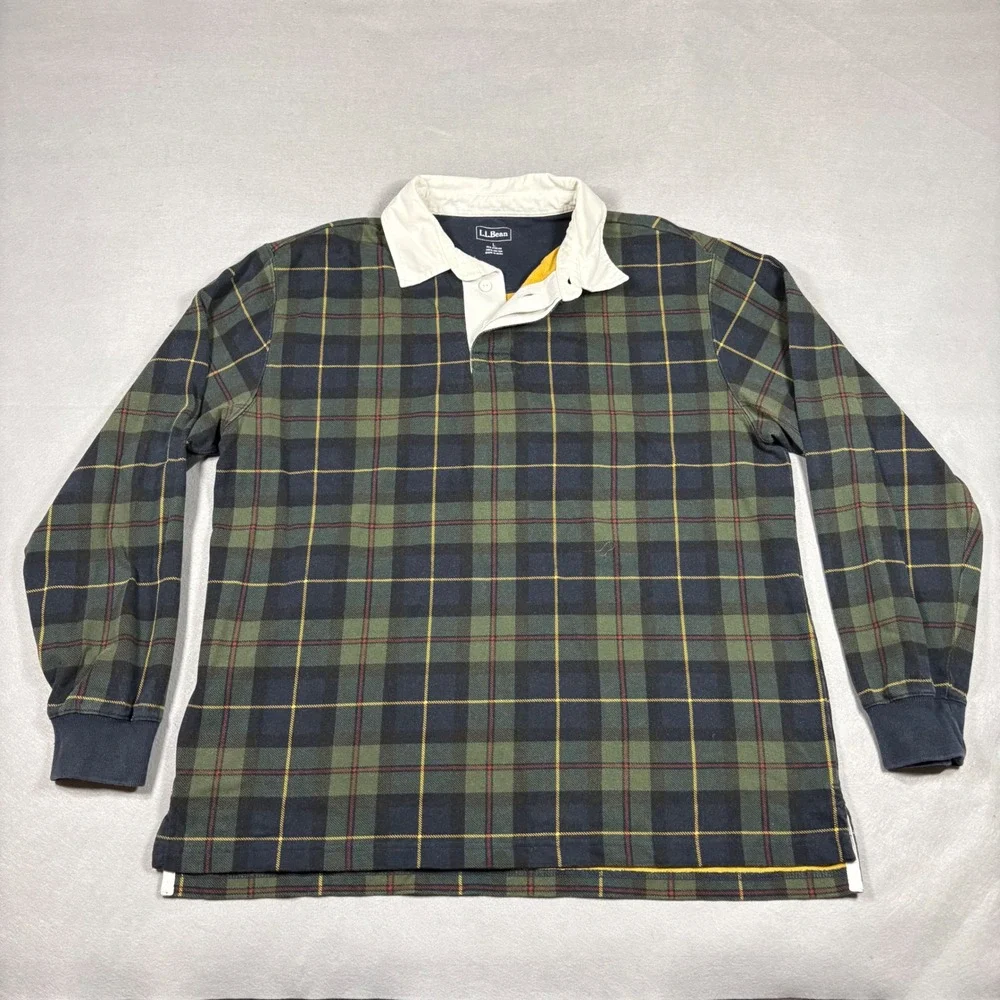 LL Bean Mens Large Green Plaid Long Sleeve Rugby Shirt Cotton 278155